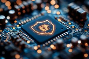Cybersecurity Concept with Shield Icon on Circuit Board for Technology Design photo