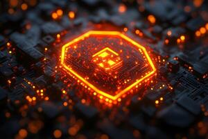 Futuristic Digital Circuit with Glowing Hexagon - Tech and Innovation Theme photo