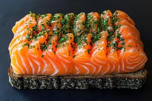Gourmet Open-Faced Smoked Salmon Sandwich with Herbs - Perfect for Culinary Design and Presentation photo