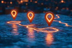 Navigation and Mapping Concept with Glowing Location Pins on Map photo