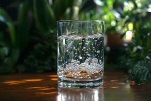 Refreshing Hydration Concept with Bubbly Sparkling Water and Greenery Background photo