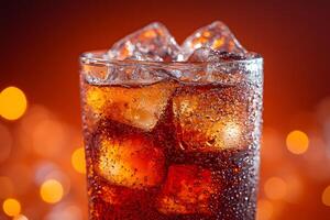 Refreshing Cold Beverage with Ice Cubes Against a Vibrant Orange Bokeh Background photo