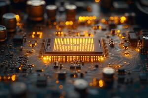 Advanced Technology Glowing Microchip on Circuit Board for Innovation Design photo