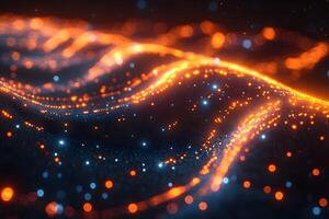 Futuristic Abstract Wave of Glowing Orange and Blue Particles in Motion photo