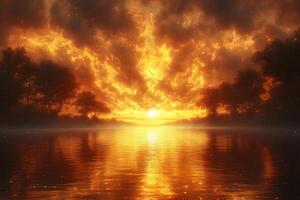 Dramatic Sunset Over Serene Lake with Fiery Sky and Silhouette Trees photo