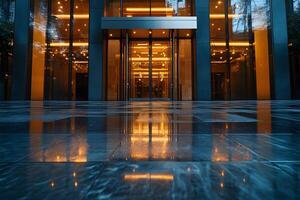 Modern Architecture - Illuminated Office Building Entrance with Reflections at Dusk photo