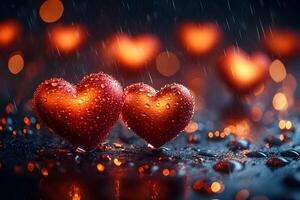 Romantic Raindrop-Covered Hearts in a Glowing Bokeh Background for Valentine's Day Card Design photo