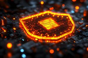 Cybersecurity Protection Concept with Glowing Shield on Circuit Board Design photo