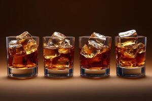 Four Glasses of Whiskey with Ice on Warm Background for Beverage Presentation photo