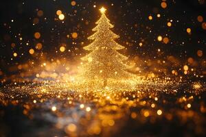 Golden Glittering Christmas Tree with Festive Bokeh Lights for Holiday Designs photo