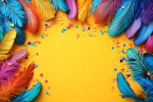 Colorful Feather and Confetti Frame on Bright Yellow Background for Festive Designs photo