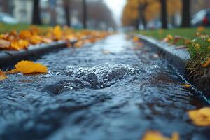 Autumn Urban Stream with Fallen Leaves and Blurred Background for Nature Concepts photo