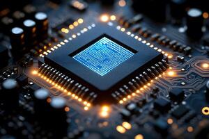 Futuristic Microchip Circuit Board with Glowing Components in High-Tech Setting photo