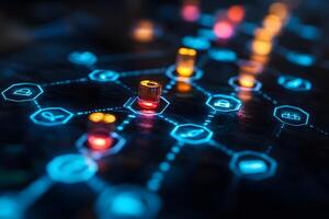 Futuristic Technology Network with Glowing Connections and Hexagonal Interfaces photo