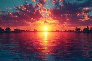 Stunning Sunset Over Tranquil Lake with Vibrant Clouds and Reflections photo