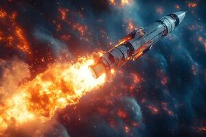 Futuristic Rocket Propelling Through Space with Fiery Trail for Sci-Fi Design photo