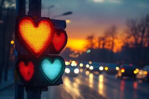 Heart-Shaped Traffic Lights at Dusk - Unique Urban Romance Visual for Valentine's Day photo
