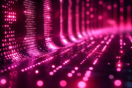 futurista digital datos corriente con rosado binario código en alta tecnología ambiente foto