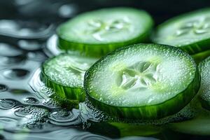 Freshness and Hydration - Sliced Cucumber on Wet Surface for Spa, Skincare, and Culinary Themes photo