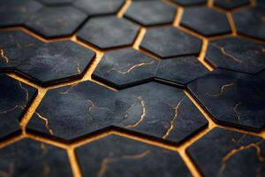 Abstract Geometric Pattern with Cracked Hexagonal Tiles and Glowing Orange Highlights for Modern Design photo