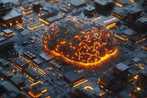 Futuristic AI Concept with Glowing Brain on Circuit Board for Innovation and Technology Design photo