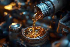 Engine Maintenance Scene with Oil Pouring into Vehicle Engine Component photo