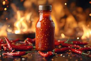 Spicy Sauce Bottle Surrounded by Red Chili Peppers with Flaming Background for Culinary Design photo