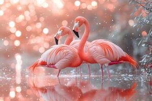 Elegant Flamingos in Serene Water with Soft Bokeh and Sparkling Lights for Nature Photography photo