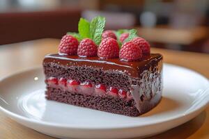Decadent Chocolate Raspberry Cake Slice for Dessert Menu Design photo