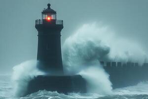 Dramatic Ocean Waves Crashing Against Lighthouse in Stormy Weather photo