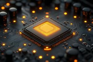 Futuristic Glowing Microchip on Circuit Board - Technology and Innovation Concept photo