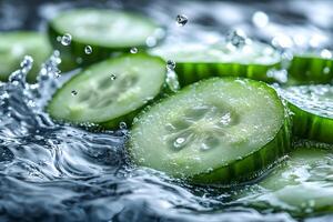 Refreshing Cucumber Slices in Water Splash for Culinary and Wellness Design photo