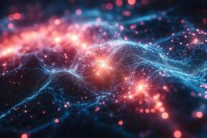 Abstract Digital Waveform of Glowing Neon Particles for Futuristic Design and Technology Themes photo