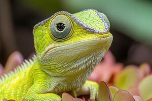 Vibrant Green Chameleon on Succulent Displaying Natural Patterns photo