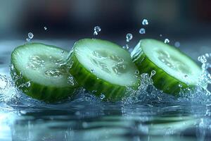 Refreshing Cucumber Slices Splashing into Water for Healthy Lifestyle Concepts photo
