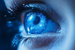 Close-Up of a Blue Eye with Reflective Light Patterns for Vision and Technology Themes photo