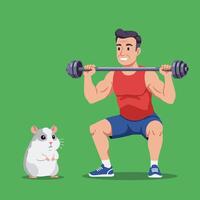 Man Lifting Barbell Doing Squats with Hamster Watching Cartoon vector