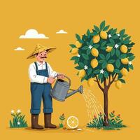 Farmer Watering Lemon Tree with Watering Can in Orchard Setting vector