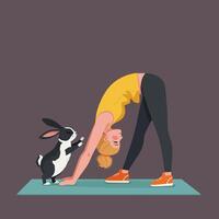 Woman Doing Downward Dog Yoga Pose with Rabbit Illustration vector