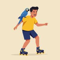 Person Rollerblading with Parrot Perched on Shoulder Having a Fun Time vector
