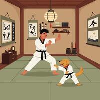 Man and Dog Practicing Martial Arts in a Dojo Setting vector