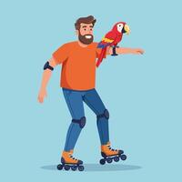 Man Roller Skating with Parrot Perched on Arm Cartoon Illustration vector