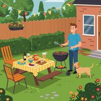 Man Grilling Burgers in Backyard with Dog and Picnic Table Setup vector