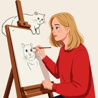 Woman Drawing a Cat on Canvas with Model Cat Watching vector