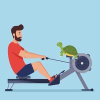 Man Working Out on Rowing Machine with Turtle Watching Nearby vector
