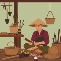 Woodworker Crafting Items in Workshop with Basket and Tools vector