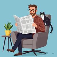 Man Reading Newspaper with Cat in Armchair Relaxing at Home vector