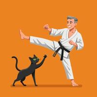 Man Practicing Karate with Cat Playfully Attacking His Leg vector