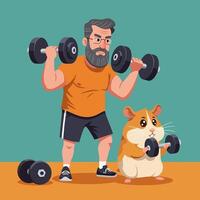 Man and Hamster Lifting Weights Together in Fitness Exercise vector