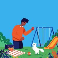 Person Playing with Balls Near Cat and Playground Swing Set vector